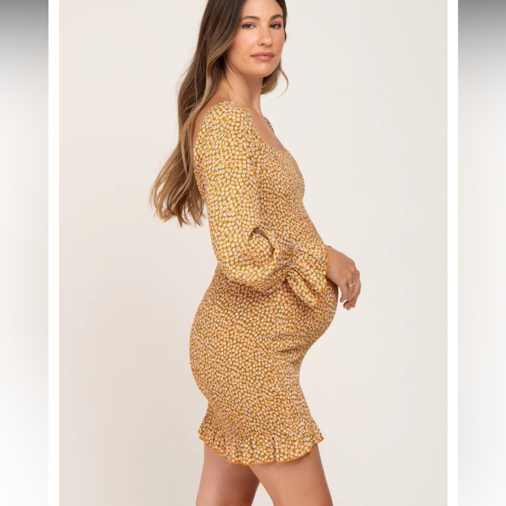 Yellow Ditsy Floral Smocked Long Sleeve Maternity Mini Dress Size L - Pinkblush